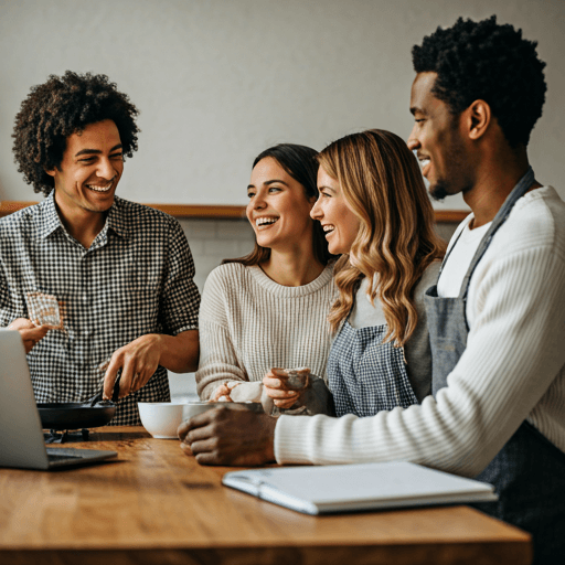 Happy friends cooking together and laughing in a warm kitchen environment